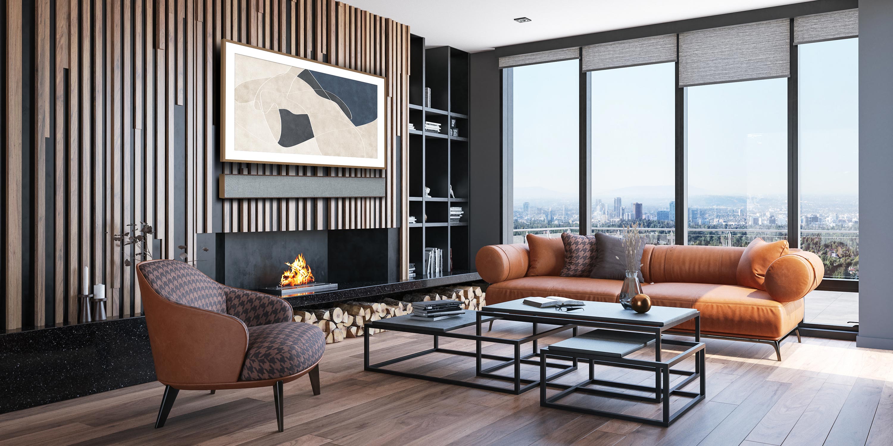 Elegant living room with city views, featuring a fireplace and contemporary furnishings.