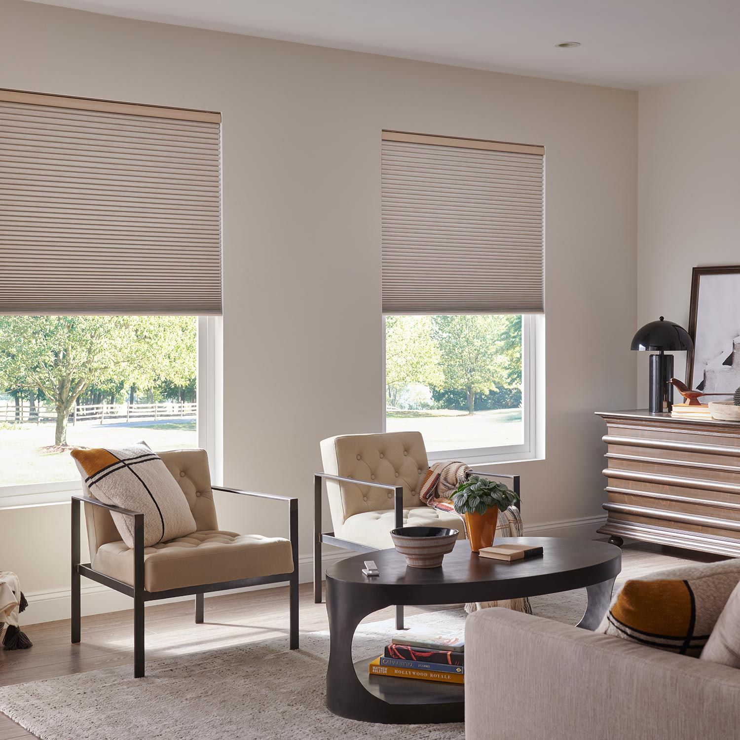 Lutron Shades in a neutral colored living room