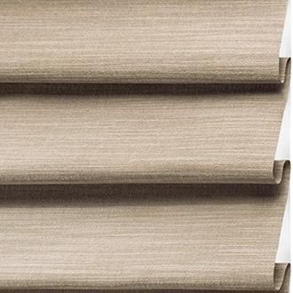 Beige Hunter Douglas Roman shades with a smooth texture.