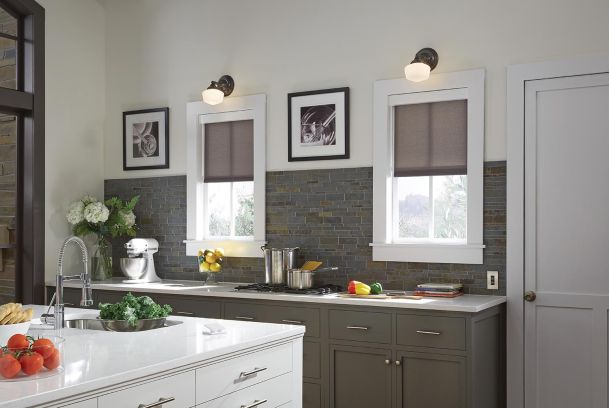 A bright kitchen with white countertops, dark gray cabinets, and two windows with shades, decorated with potted plants and framed artwork.