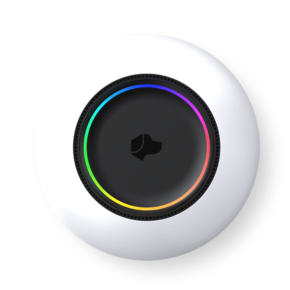 A top view of a white circular device with a black center featuring a dog logo and a multicolored LED ring around it, symbolizing the Josh AI voice control device.