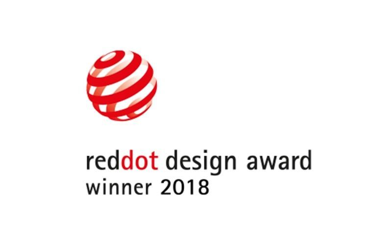 Red Dot Design Award winner 2018 logo, featuring a red and white spherical design above the text.