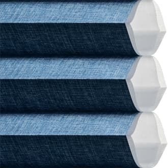 Hunter Douglas honeycomb shades in blue fabric.