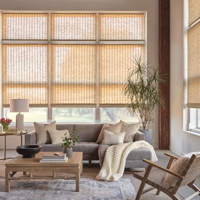Cozy living room with large windows covered by woven blinds, a grey sectional sofa, wooden coffee table, and indoor plant.