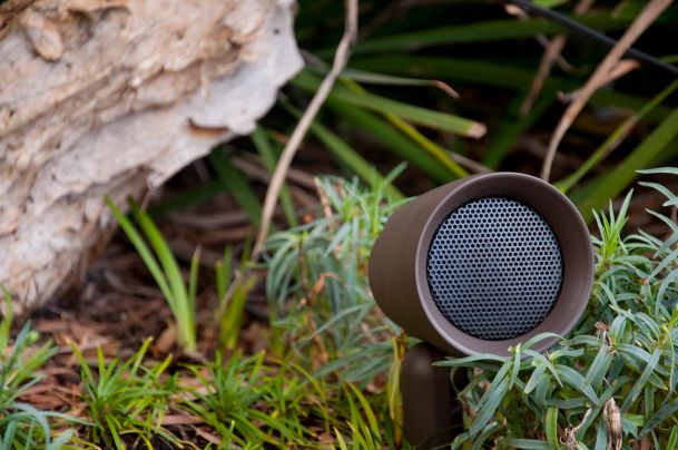 A brown outdoor speaker situated among green plants and a tree trunk in a natural garden environment.