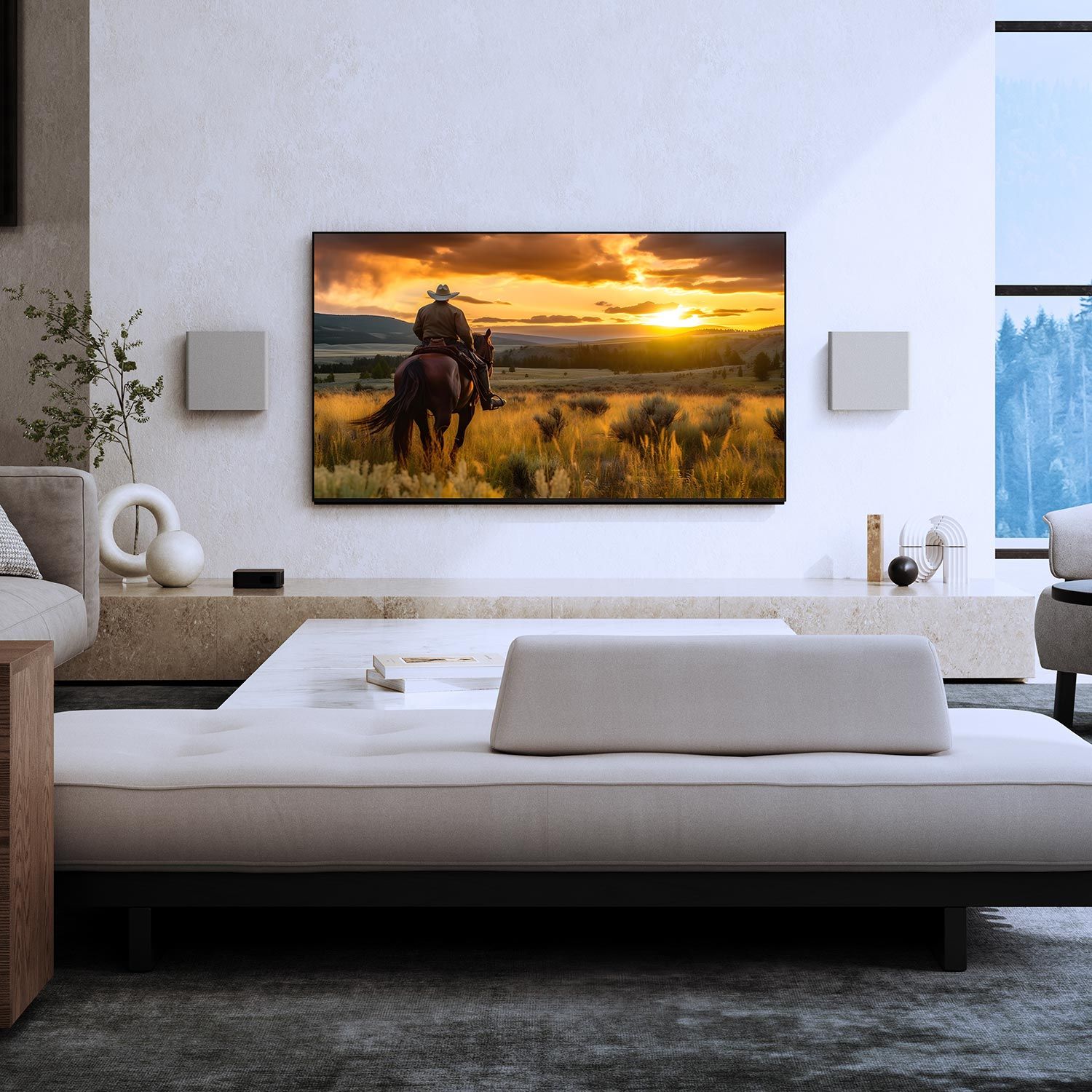 A modern living room with a large Sony TV displaying a sunset scene and minimalistic furniture.